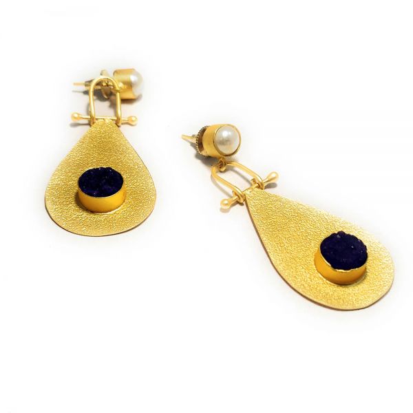 Matt Golden Hand-Crafted Dangle and Drop Druzy Earrings - Image 6