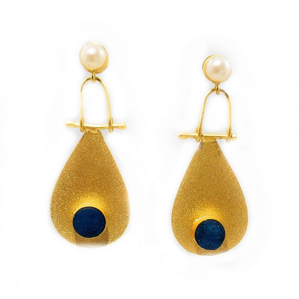 Matt Golden Hand-Crafted Dangle and Drop Druzy Earrings - Image 2