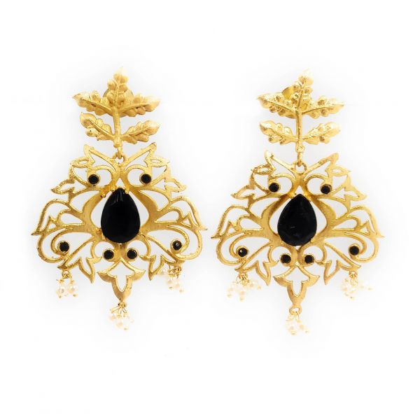 Golden Leaf Mini Pearl Stone Earrings - Image 2