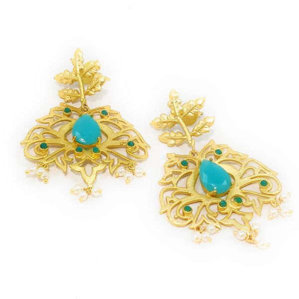 Golden Leaf Mini Pearl Stone Earrings
