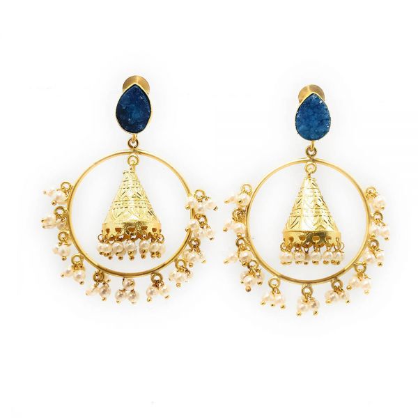 Matt Golden Chandbali Jhumka Pearl Druzy Earrings- Blue - Image 2