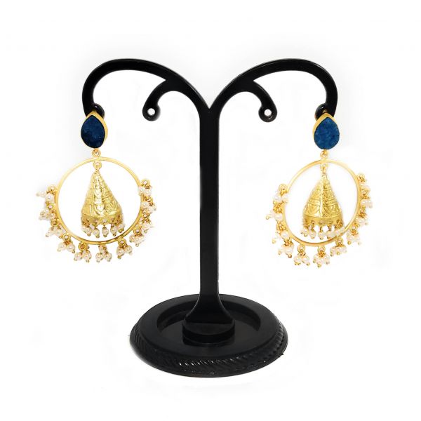 Matt Golden Chandbali Jhumka Pearl Druzy Earrings- Blue