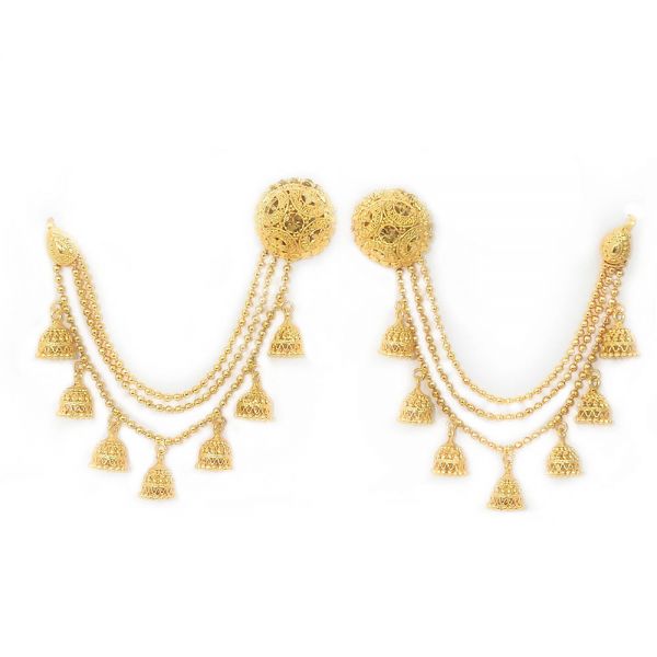 Gold Plated Bahubali Style Stud Earrings with Hair Chain
