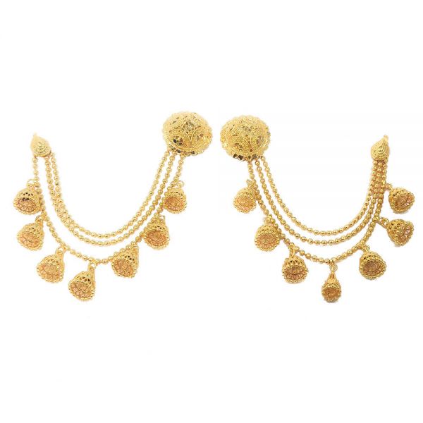 Gold Plated Bahubali Style Stud Earrings with Hair Chain - Image 3