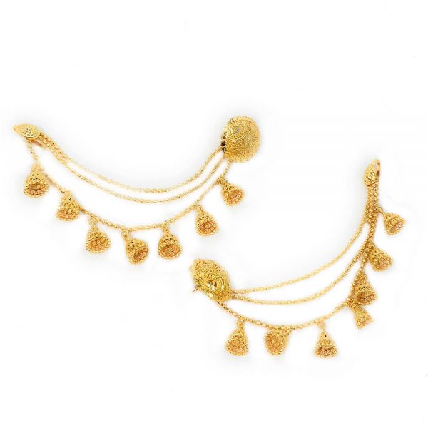 Gold Plated Bahubali Style Stud Earrings with Hair Chain - Image 4