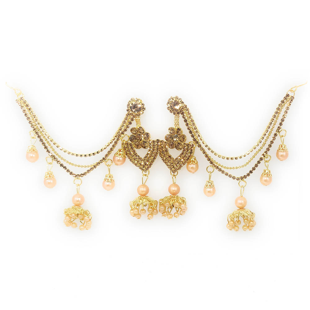 Pearl and Rhinestone Bahubali Jhumkas with Hair Chain for Women- Peach «  Gifts and Fashion