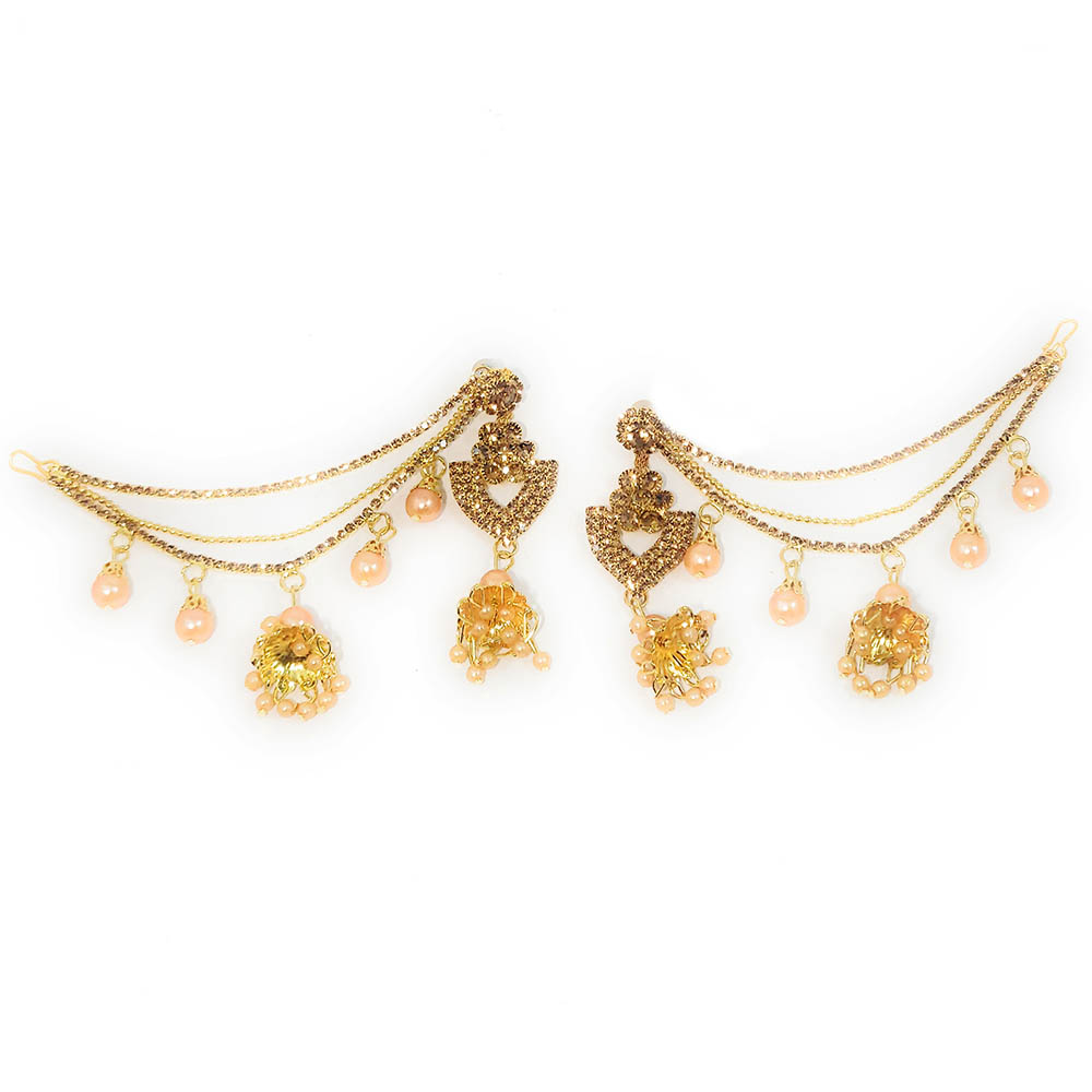 Pearl and Rhinestone Bahubali Jhumkas with Hair Chain for Women- Peach «  Gifts and Fashion