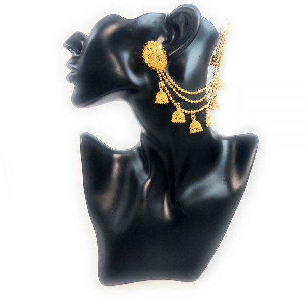 Gold Plated Bahubali Style Stud Earrings with Hair Chain - Image 2