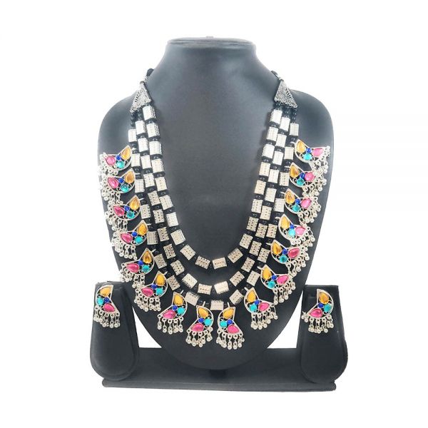 Multicolour Traditional Stonework Multi-Strand Statement Necklace and Earring Set