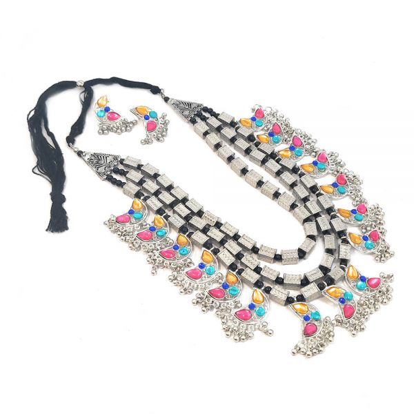Multicolour Traditional Stonework Multi-Strand Statement Necklace and Earring Set - Image 3