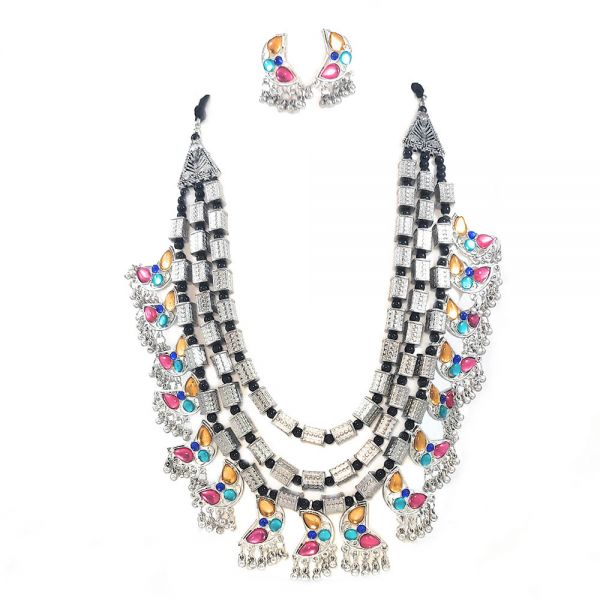 Multicolour Traditional Stonework Multi-Strand Statement Necklace and Earring Set - Image 2