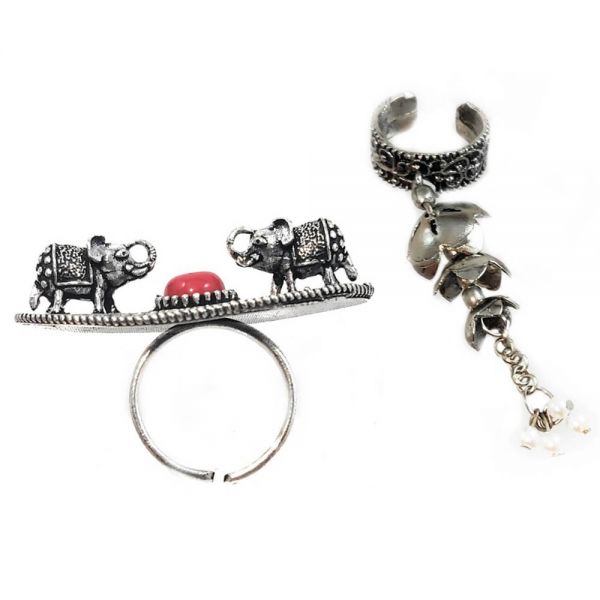 Oxidised Adjustable Elephant Finger Ring and Latkan Ring Combo for Women