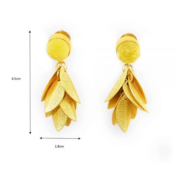 Yellow Druzy Matt Golden Bunch of Leaves Jhumka Earrings - Image 4