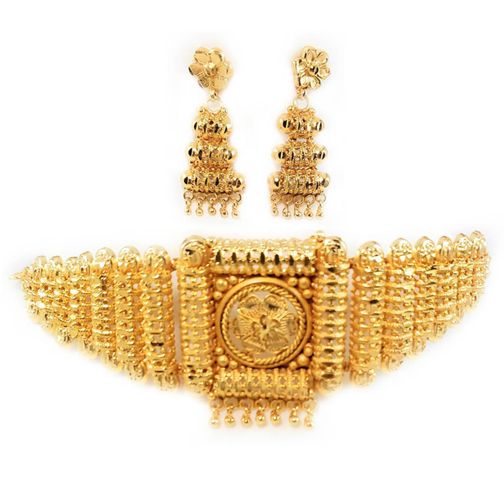 Gold Plated Traditonal Flower Design Choker Necklace and Earring