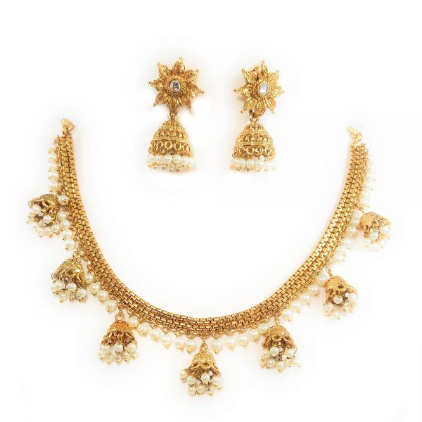 Traditional Antique Golden Faux Pearl Jhumka Necklace and Earring Set