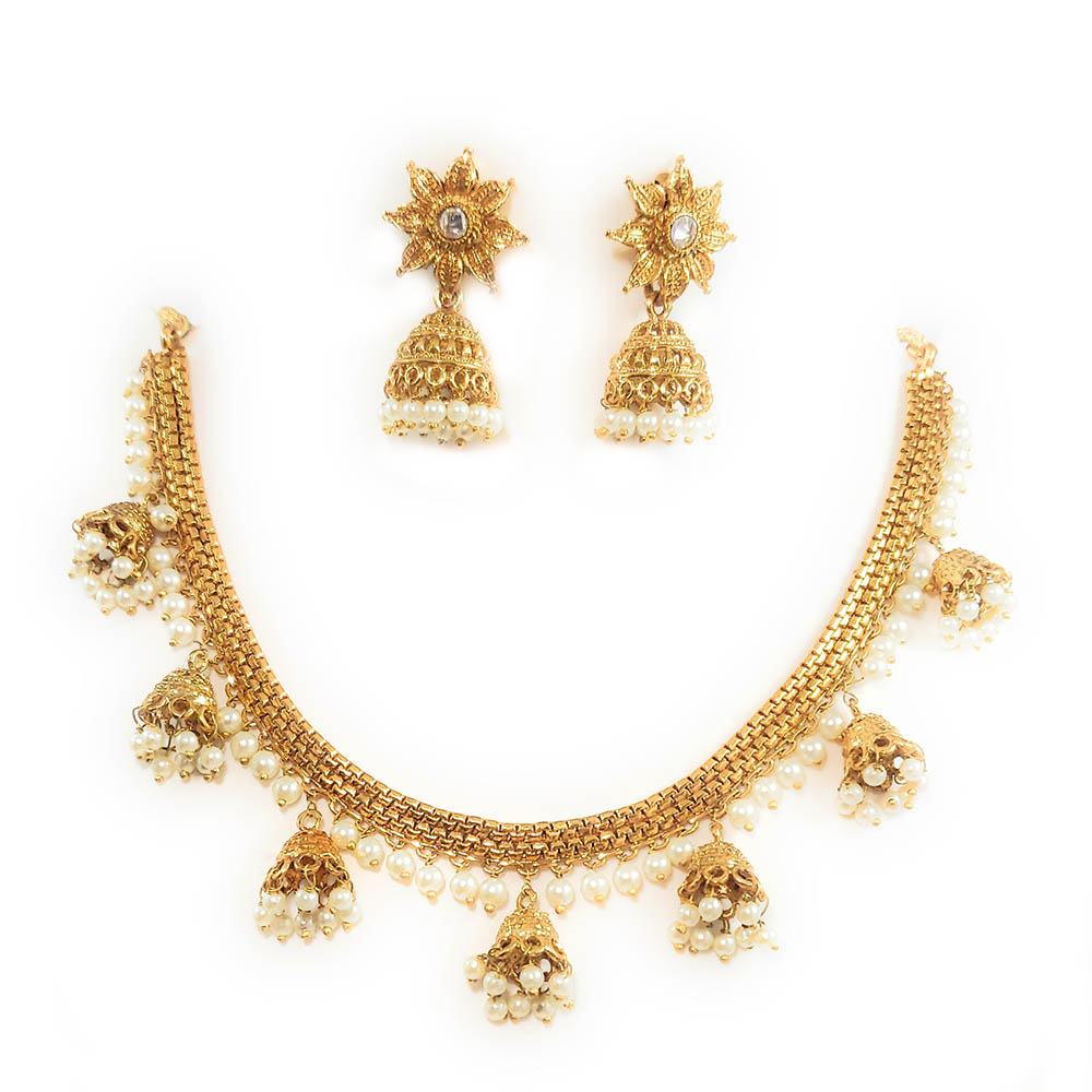 Buy OOMPH Gold & White Kundan & Pearls Necklace Set with Jhumka Earrings &  Maangtikka Online