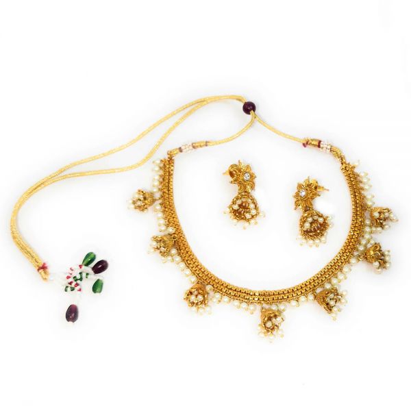 Traditional Antique Golden Faux Pearl Jhumka Necklace and Earring Set - Image 3