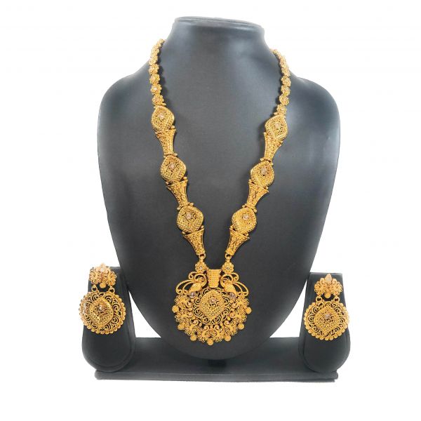 Gold Plated Partywear Floral Peacock Design Bridal Necklace and Earring Set