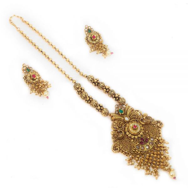 Gold Plated Copper Partywear Peacock Necklace and Earring Set - Image 2