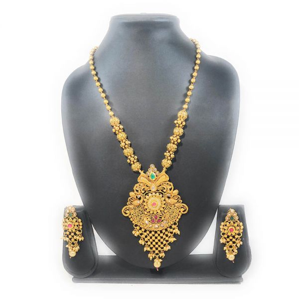Gold Plated Copper Partywear Peacock Necklace and Earring Set