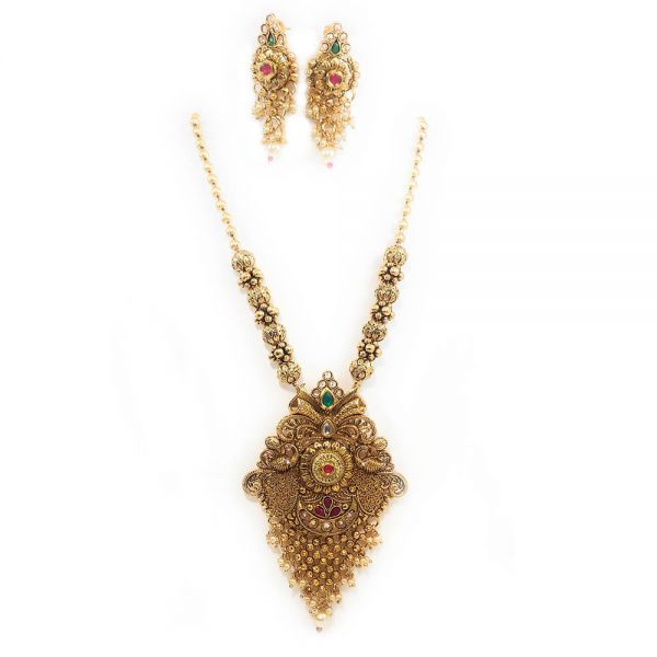 Gold Plated Copper Partywear Peacock Necklace and Earring Set - Image 4