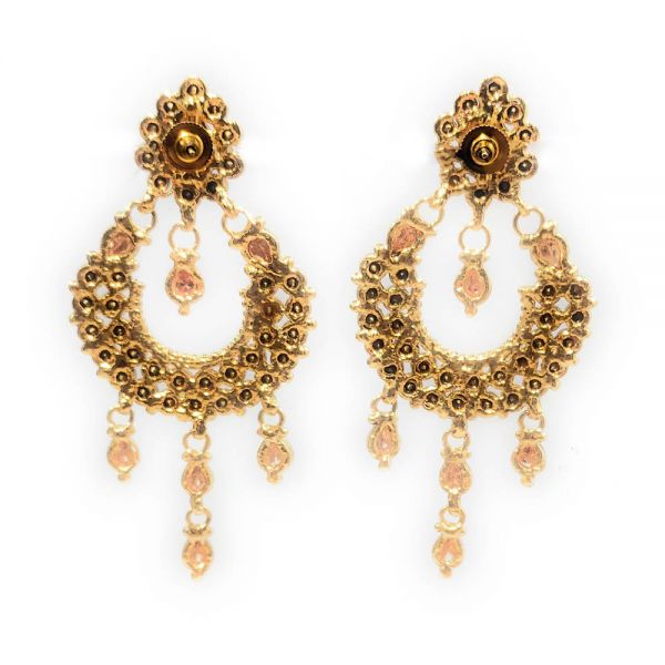 Antique Golden Gold Plated Copper Pink Polki Long Dangle & Drop Partywear Earrings - Image 3