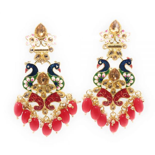 Peacock Design Meenakari Crystal Dangle & Drop Earrings - Image 2
