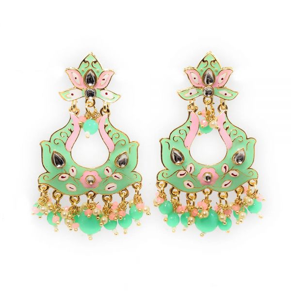 Floral Design Meenakari Crystal Dangle & Drop Earrings - Image 3