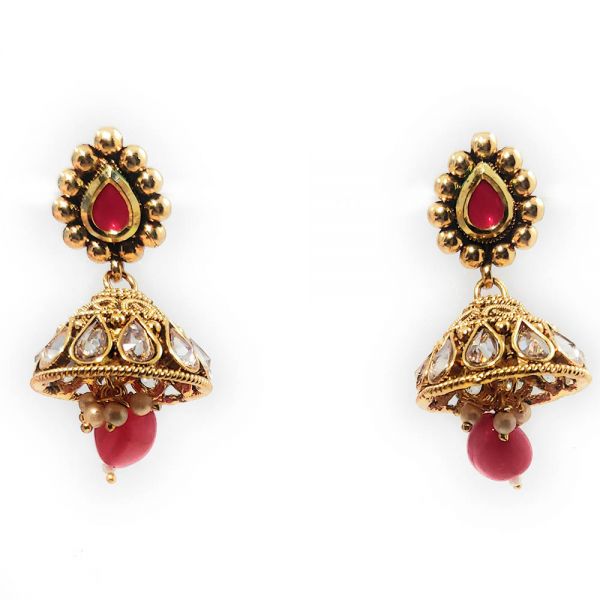 Polki Kundan Gold Plated Copper Partywear Necklace and Jhumka Earring Set for Women- Red - Image 5