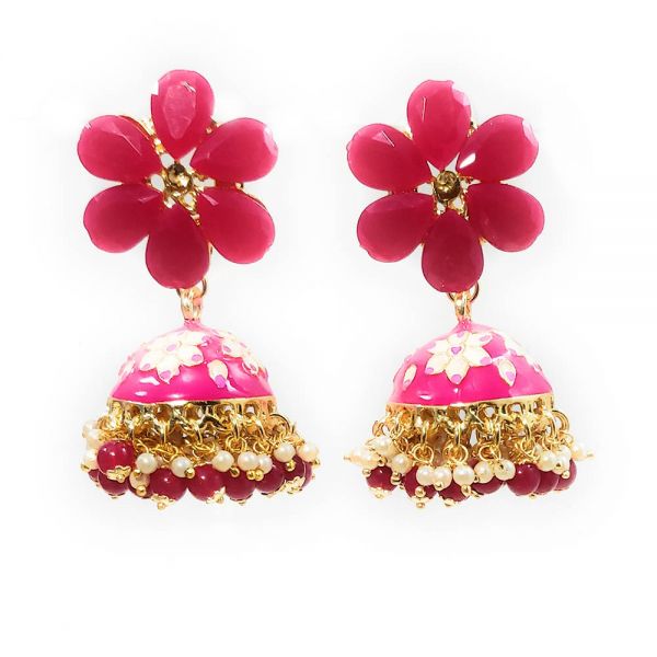 Floral Design Meenakari Crystal Big Jhumka Earrings