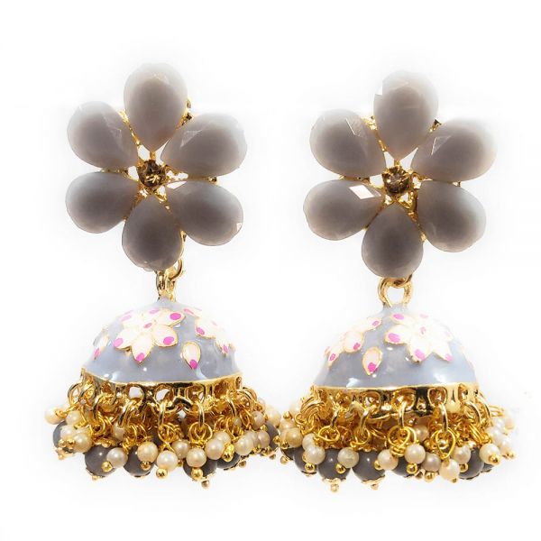 Floral Design Meenakari Crystal Big Jhumka Earrings - Image 2