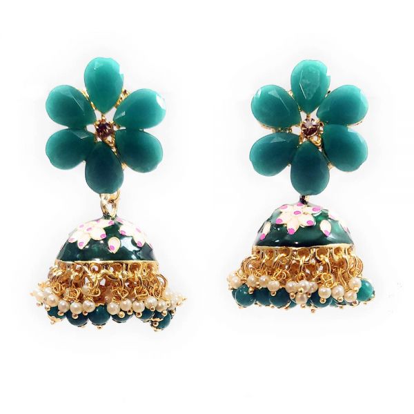 Floral Design Meenakari Crystal Big Jhumka Earrings - Image 3
