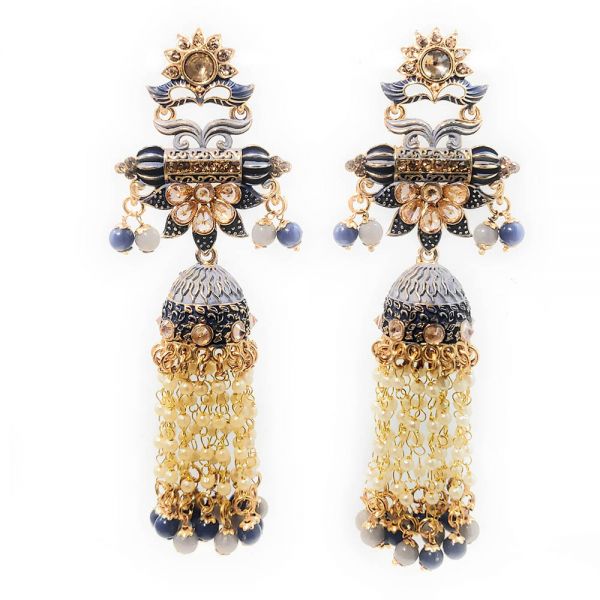 Floral Design Matt Meenakari Crystal Long Dangle & Drop Jhumka - Image 7