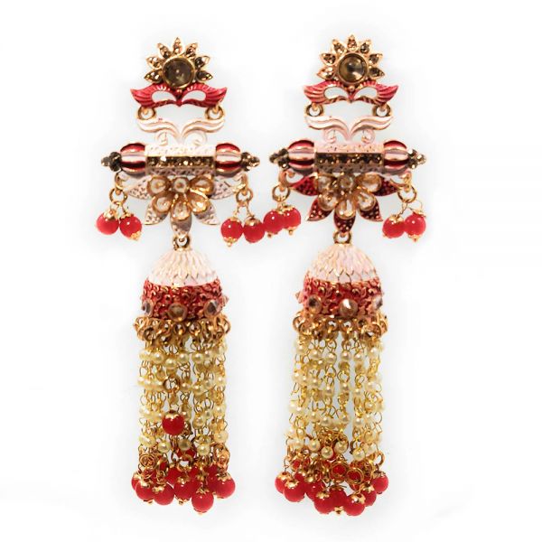 Floral Design Matt Meenakari Crystal Long Dangle & Drop Jhumka