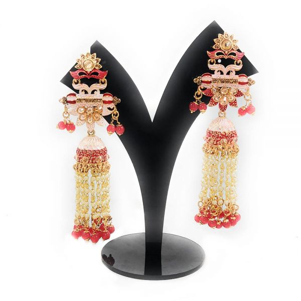 Floral Design Matt Meenakari Crystal Long Dangle & Drop Jhumka - Image 2