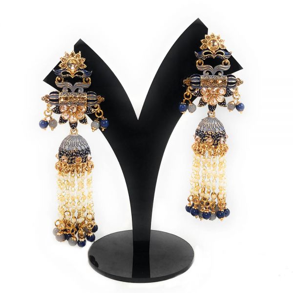 Floral Design Matt Meenakari Crystal Long Dangle & Drop Jhumka - Image 4