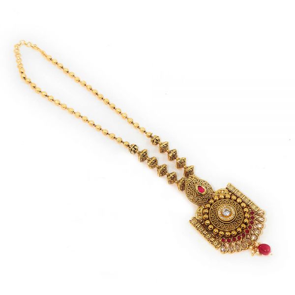 Polki Kundan Gold Plated Copper Partywear Necklace and Jhumka Earring Set for Women- Red - Image 4