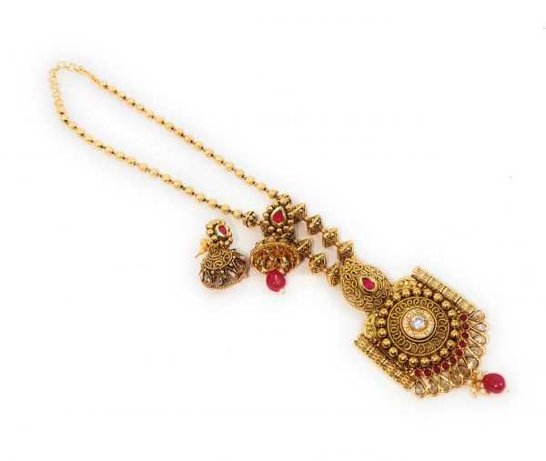 Polki Kundan Gold Plated Copper Partywear Necklace and Jhumka Earring Set for Women- Red - Image 3