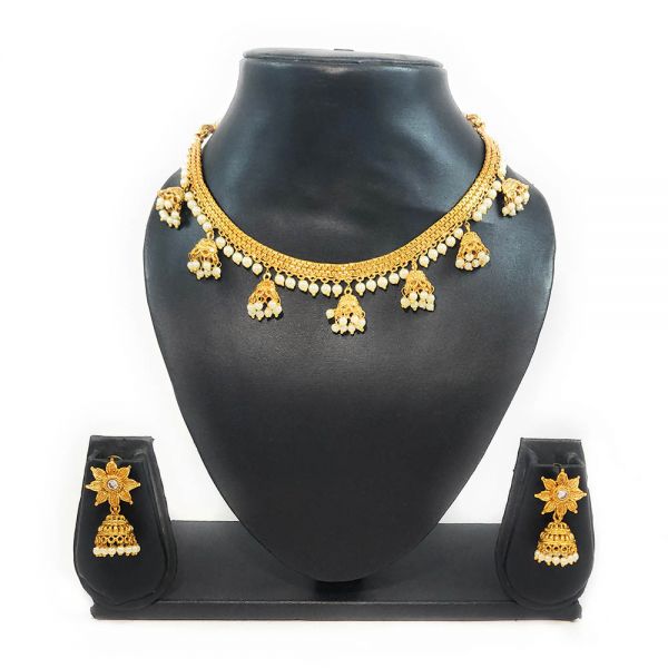 Traditional Antique Golden Faux Pearl Jhumka Necklace and Earring Set - Image 2