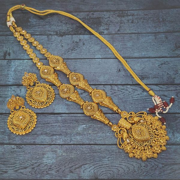 Gold Plated Partywear Floral Peacock Design Bridal Necklace and Earring Set - Image 4