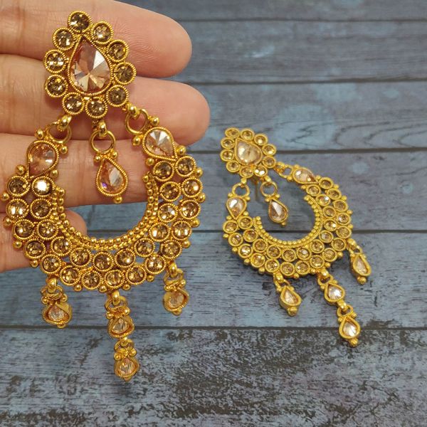 Antique Golden Gold Plated Copper Pink Polki Long Dangle & Drop Partywear Earrings - Image 5
