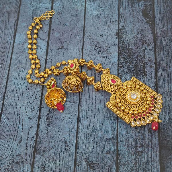 Polki Kundan Gold Plated Copper Partywear Necklace and Jhumka Earring Set for Women- Red - Image 6