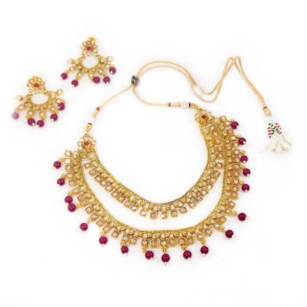 Gold Plated Copper Base Partywear Square Polki Choker Necklace and Earring Set - Image 4