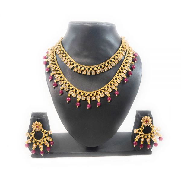Gold Plated Copper Base Partywear Square Polki Choker Necklace and Earring Set - Image 3
