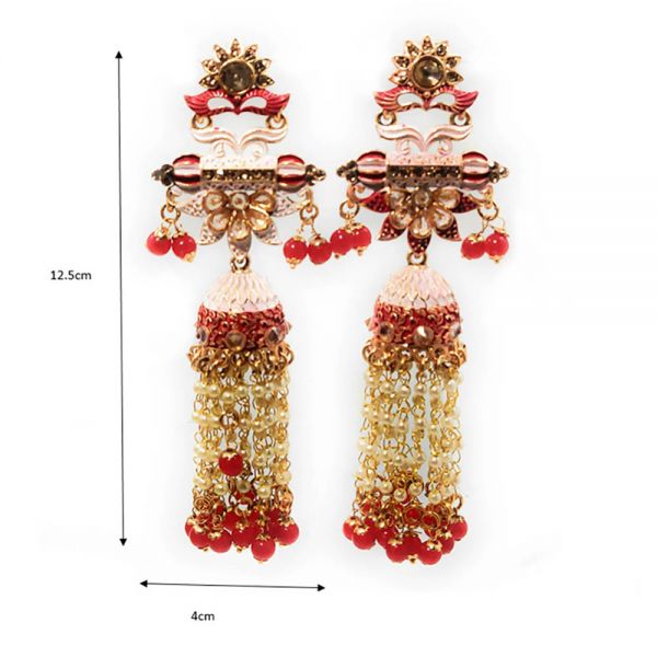 Floral Design Matt Meenakari Crystal Long Dangle & Drop Jhumka - Image 8