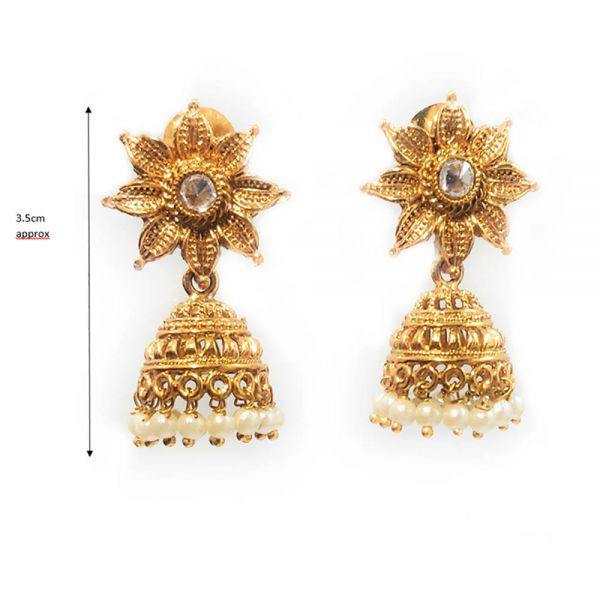 Traditional Antique Golden Faux Pearl Jhumka Necklace and Earring Set - Image 5