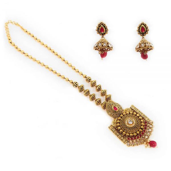 Polki Kundan Gold Plated Copper Partywear Necklace and Jhumka Earring Set for Women- Red - Image 2