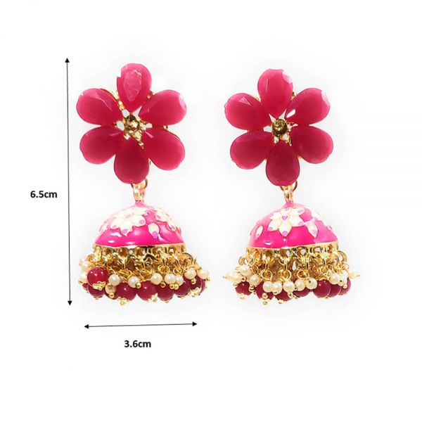Floral Design Meenakari Crystal Big Jhumka Earrings - Image 4