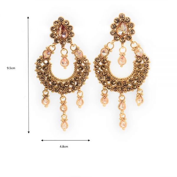 Antique Golden Gold Plated Copper Pink Polki Long Dangle & Drop Partywear Earrings - Image 4
