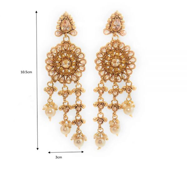 Floral Antique Golden Gold Plated Copper Pink LCT Polki Long Dangle & Drop Partywear Earrings for Women - Image 2